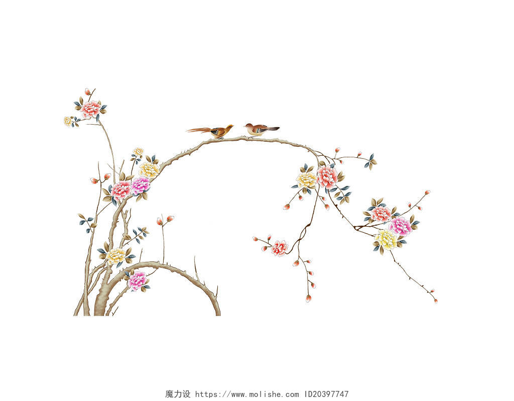手绘中式花鸟图案免抠PNG素材
